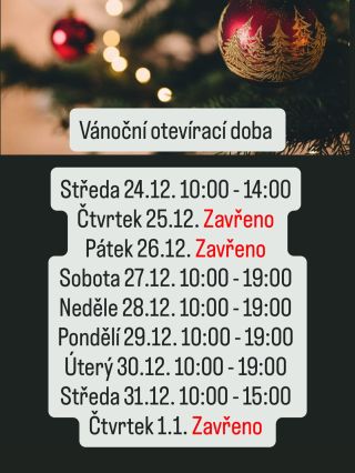 Vánoční otevírací doba 🎄 Děkujeme a těšíme se na Vaši návštěvu! Přejeme klidné prožití Vánočních svátků. ❤️...